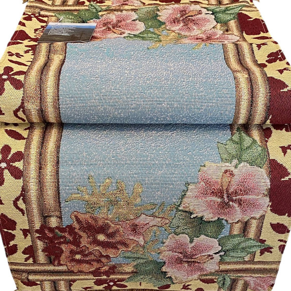 Tropical Hawaiian Amaryllis Table Runner Lined Tapestry Luau Hibiscus 36" NEW - Picture 2 of 5